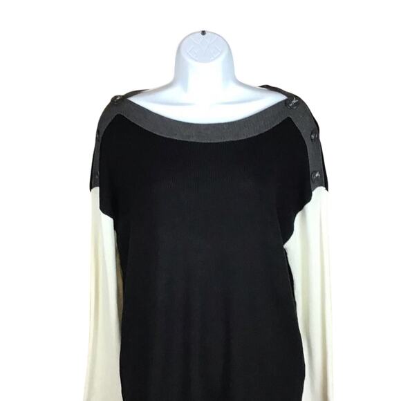 Vince Camuto Women’s Medium Colorblock Sweater Black Off White Button Shoulder - Picture 10 of 16